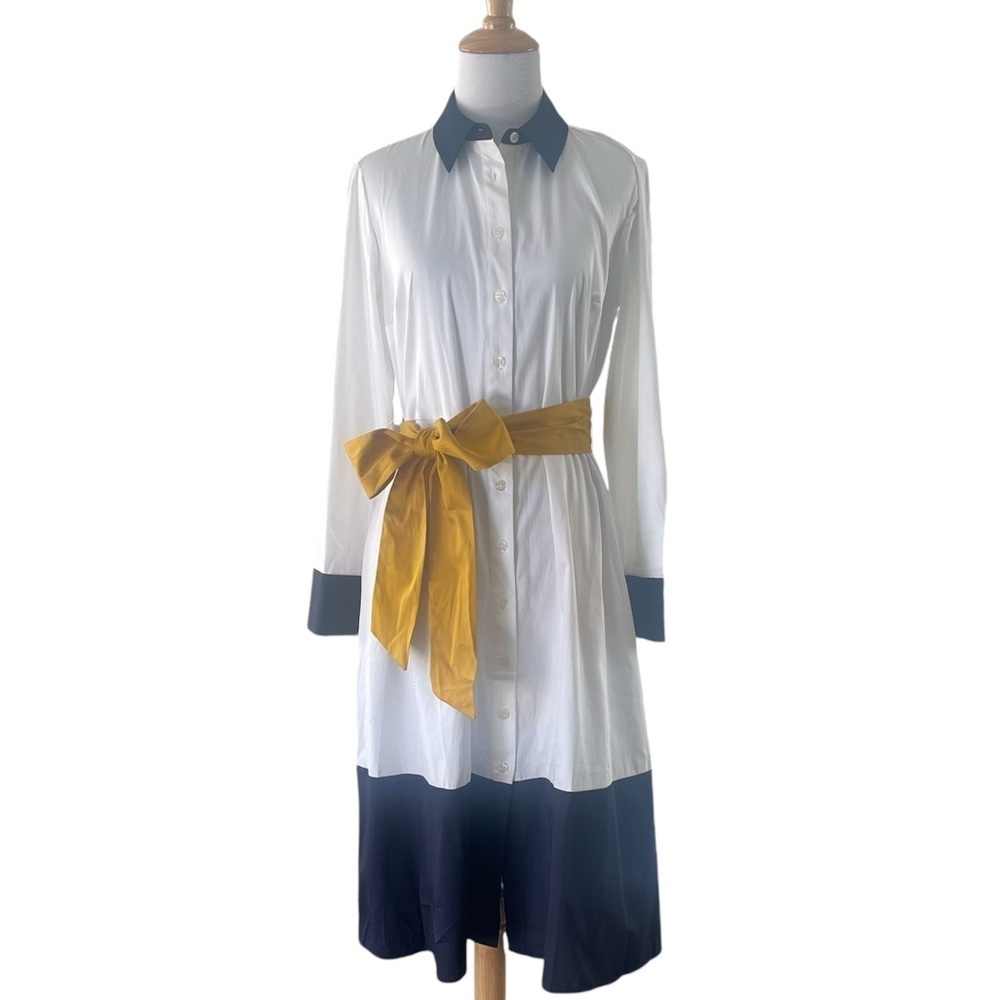Boden White Shirt Dress with Navy Trim and Mustard Sash